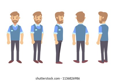Front, side, back view animated character. Male manager character creation set with various views, Flat vector illustration.