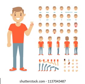 Front, side, back view animated character,separate parts of body. Young man constructor with various views, hairstyles, poses and gestures. Cartoon style, flat vector illustration.