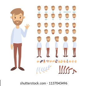 Front, side, back view animated character,separate parts of body. Young man constructor with various views, hairstyles, poses and gestures. Cartoon style, flat vector illustration.