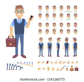 Front, side, back view animated male character. Business man creation set with various views, face emotions, poses and gestures. Cartoon flat vector illustration.