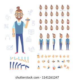 Front, side, back view animated character. Man designer, hipster creation set with various views, face emotions, poses. Cartoon style, flat vector illustration. 