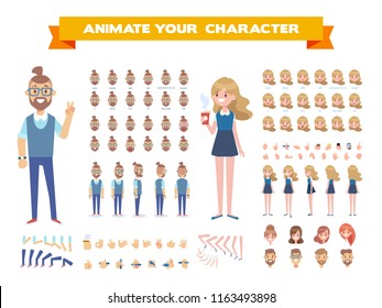 	
Front, side, back view animated characters. Male and female characters creation set with various views, face emotions, poses. Cartoon style, flat vector illustration.