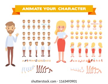 	
Front, side, back view animated characters. Male and female characters creation set with various views, face emotions, poses. Cartoon style, flat vector illustration.