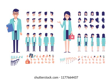 	
Front, side, back view animated characters. Woman and man doctor constructor with various views, hairstyles, gestures. Cartoon style, flat vector illustration.