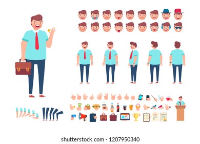 Front, side, back view animated character. Businessman character creation set with various views, poses, gestures and face emotions. Cartoon style, flat vector illustration.