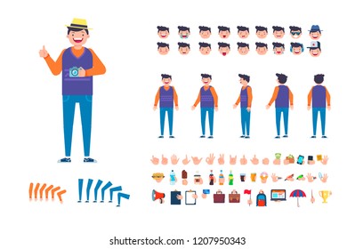 Front, side, back view animated character. Young man character creation set with various views, hairstyles, face emotions, separate hands with accesories. Cartoon style, flat vector illustration.