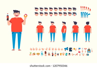 Front, side, back view animated character. Young man character creation set with various views, hairstyles, face emotions, separate hands with accesories. Cartoon style, flat vector illustration.