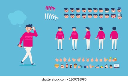 Front, side, back view animated character. Young man character creation set with various views, face emotions, separate hands with accesories. Cartoon style, flat vector illustration.