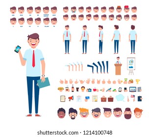 Front, side, back view animated character. Businessman or office worker character creation set with various views, face emotions, lip sync, poses and gestures. Cartoon style, flat vector illustration.