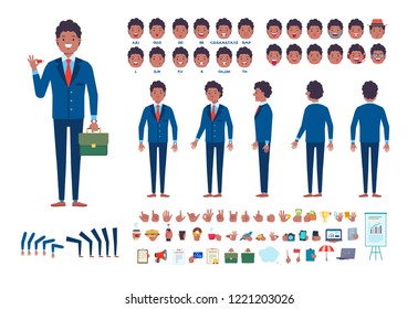 Front, side, back view animated character. Manager or businessman character creation set with various views, lip sync, face emotions, poses and gestures. Cartoon style, flat vector illustration.