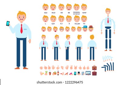 Front, side, back view animated character. Businessman or office worker character creation set with various views, lip sync, face emotions, poses and gestures. Cartoon style, flat vector illustration