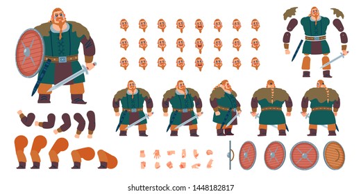 Front, side, back view animated character. Warrior Viking, barbarian character creation set with various views, face emotions, poses and gestures. Cartoon style, flat vector illustration.