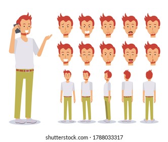 Front, side, back view animated character. Flat Vector Character creation set with various views, Cartoon style, flat vector illustration. Emotion. Casual man