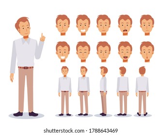 Front, side, back view animated character. Flat Vector Character creation set with various views, Cartoon style, flat vector illustration. Emotion. Casual man