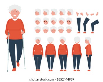 Front, side, back view animated character. Elderly woman character creation set with various views, hairstyles, face emotions, poses and gestures. Cartoon flat vector illustration.