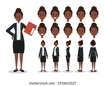 Front, side, back view animated character. African American Businesswoman Flat Vector Character creation set with various views, Cartoon style, flat vector illustration. Emotion.