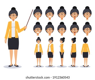 Front, side, back view animated character.Female Teacher Flat Vector Character creation set with various views, Cartoon style, flat vector illustration. Emotion.