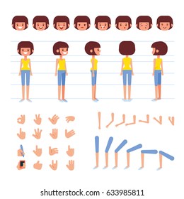 Carácter animado de vista frontal, lateral y posterior. Creación de personajes de jovencita con diferentes puntos de vista, frente a emociones, poses y gestos. Estilo de caricatura, ilustración vectorial plana.