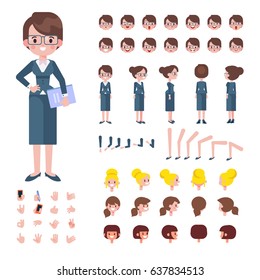 Front, side, back view animated character. Sporty girl character creation set with various views, hairstyles, face emotions, poses and gestures. Cartoon style, flat vector illustration.