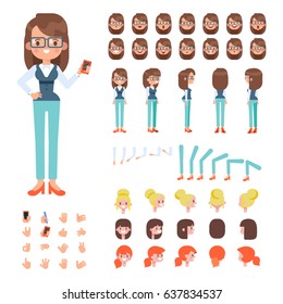 Front, side, back view animated character. Sporty girl character creation set with various views, hairstyles, face emotions, poses and gestures. Cartoon style, flat vector illustration.