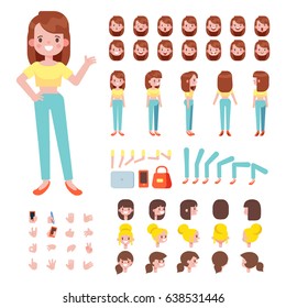 Front, side, back view animated character. Woman character creation set with various views, hairstyles, face emotions, poses and gestures. Cartoon style, flat vector illustration.