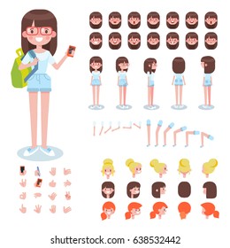 Front, side, back view animated character. Teenager girl character creation set with various views, hairstyles, face emotions, poses and gestures. Cartoon style, flat vector illustration.