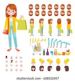 Front, side, back view animated character. Shopaholic woman character creation set with various views, hairstyles, face emotions, poses and gestures. Cartoon style, flat vector illustration.