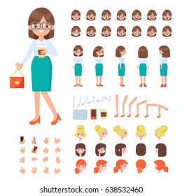 Front, side, back view animated character. Woman character creation set with various views, hairstyles, face emotions, poses and gestures. Cartoon style, flat vector illustration.