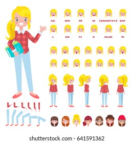 Front, side, back view animated character. Girl character creation set with various views, hairstyles, face emotions, poses and gestures. Cartoon style, flat vector illustration.