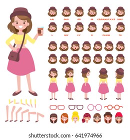 Front, side, back view animated character. Fashion girl character creation set with various views, hairstyles, face emotions, poses and lip sync. Parts of body template for animation