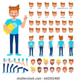 Front, side, back view animated character. Student character creation set with various views, hairstyles, face emotions, poses and gestures. Cartoon style, flat vector illustration.