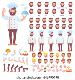 Front, side, back view animated character. Chef character creation set with various views, hairstyles, face emotions, poses and gestures. Cartoon style, flat vector illustration.