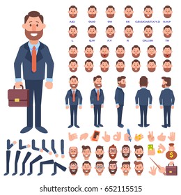 Front, side, back view animated character. Business man character creation set with various views, hairstyles, face emotions, poses and gestures. Cartoon style, flat vector illustration.