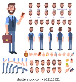 Front, side, back view animated character. Manager character creation set with various views, hairstyles, face emotions, poses and gestures. Cartoon style, flat vector illustration.
