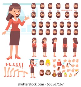 Front, side, back view animated character. Business woman character creation set with various views, hairstyles, face emotions, poses and gestures. Cartoon style, flat vector illustration.