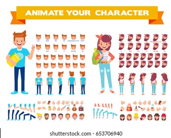 Front, side, back view animated characters. Male and female Students creation set with various views, hairstyles, face emotions, poses and gestures. Cartoon style, flat vector illustration.