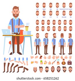 Front, side, back view animated character. Male Manager character creation set with various views, hairstyles, face emotions, poses and gestures. Cartoon style, flat vector illustration.