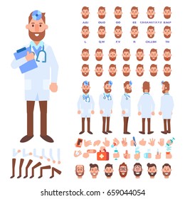 Front, side, back view animated character. Male doctor character creation set with various views, hairstyles, face emotions, poses and gestures. Cartoon style, flat vector illustration.