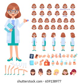 Front, side, back view animated character. Female doctor character creation set with various views, hairstyles, face emotions, poses and gestures. Cartoon style, flat vector illustration.