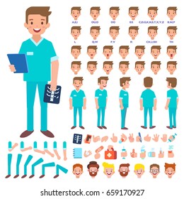 Front, side, back view animated character. Male doctor character creation set with various views, hairstyles, face emotions, poses and gestures. Cartoon style, flat vector illustration.