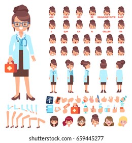 Front, side, back view animated character. Female doctor character creation set with various views, hairstyles, face emotions, poses and gestures. Cartoon style, flat vector illustration.