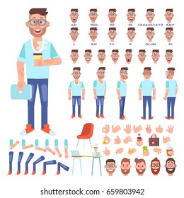 Front, side, back view animated character. Young guy character creation set with various views, hairstyles, face emotions, poses and gestures. Cartoon style, flat vector illustration.