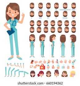 Front, side, back view animated character. Nurse character creation set with various views, hairstyles, face emotions, poses and gestures. Cartoon style, flat vector illustration.