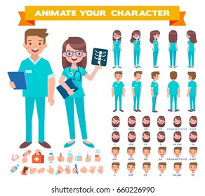 Front, side, back view animated characters. Male and Female doctors character creation set. Cartoon style, flat vector illustration.