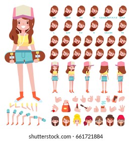Front, side, back view animated character. Pretty girl with skateboard creation set with various views, hairstyles, face emotions, poses and gestures. Cartoon style, flat vector illustration.