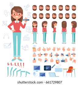 Front, side, back view animated character. Designer character creation set with various views, hairstyles, face emotions, poses and gestures. Cartoon style, flat vector illustration.