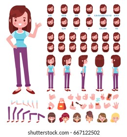 Front, side, back view animated character. Young Girl character creation set with various views, hairstyles, face emotions, poses and gestures. Cartoon style, flat vector illustration.