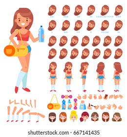 Front, side, back view animated character. Fitness woman character creation set with various views, hairstyles, face emotions, poses and gestures. Cartoon style, flat vector illustration.