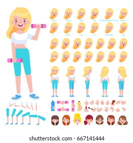 Front, side, back view animated character. Blonde Fitness young girl creation set with various views, hairstyles, face emotions, poses and gestures. Cartoon style, flat vector illustration.