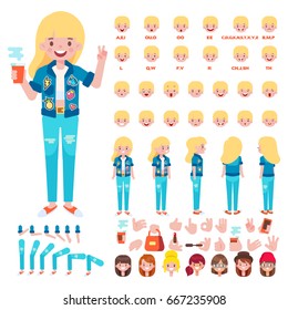 Front, side, back view animated character. Blonde girl in fashion jeans creation set with various views, hairstyles, face emotions, poses and gestures. Cartoon style, flat vector illustration.